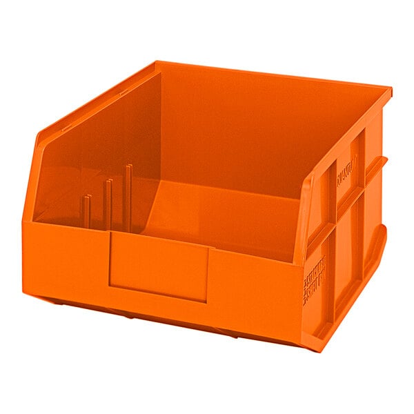 An orange plastic Quantum shelf bin with two compartments.