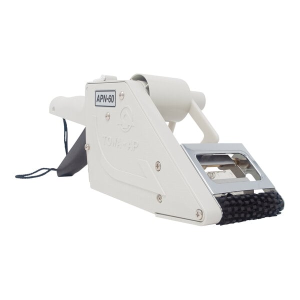 A white Tach-It handheld label applicator with a black roller.