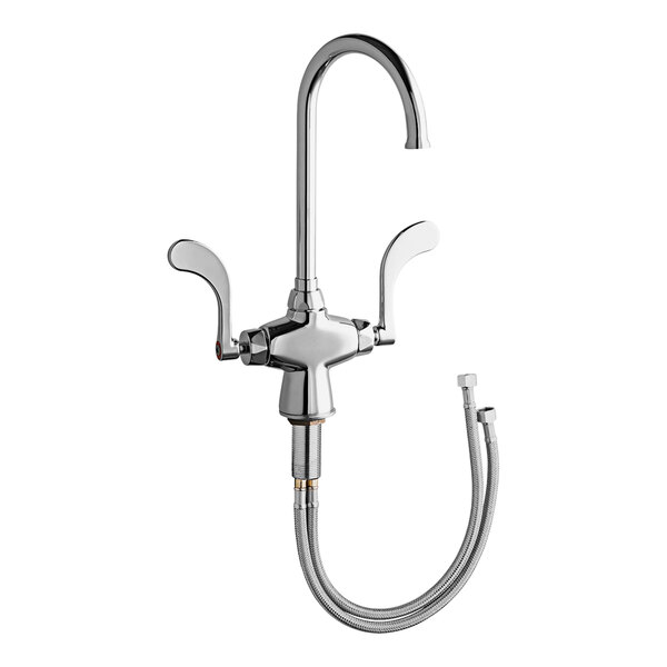 A close-up of a silver Chicago Faucets deck-mounted faucet with a gooseneck spout and hose.