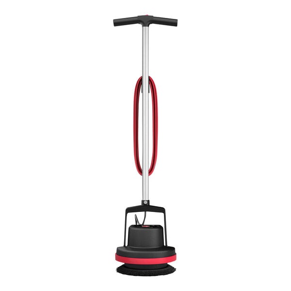 A black and red Hoover Orbital floor cleaner with a red and white tube.