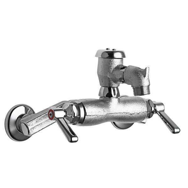 A close-up of a silver Chicago Faucets wall-mounted service sink faucet with two handles.