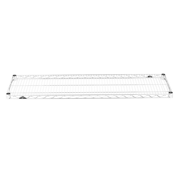 A chrome wire shelf from Metro on a white background.