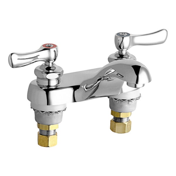 A chrome Chicago Faucets deck-mounted faucet with two handles.