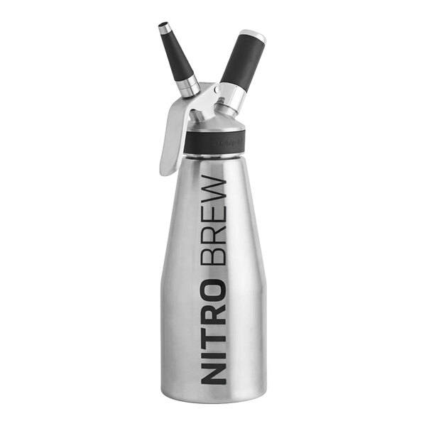 A silver stainless steel Whip-It nitro brew bottle with a nozzle.