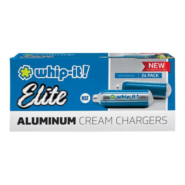 A blue and silver Whip-It box of 24 Elite Aluminum Cream Chargers with a blue and white logo.