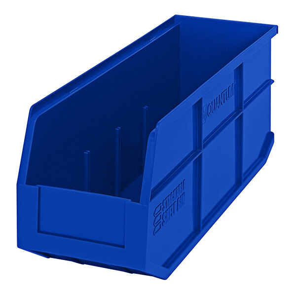 A blue Quantum stackable shelf bin with a handle.