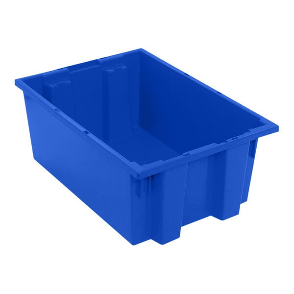 A blue plastic Quantum stack and nest tote.