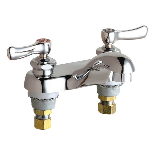 A Chicago Faucets deck-mounted faucet with two handles and a chrome finish.