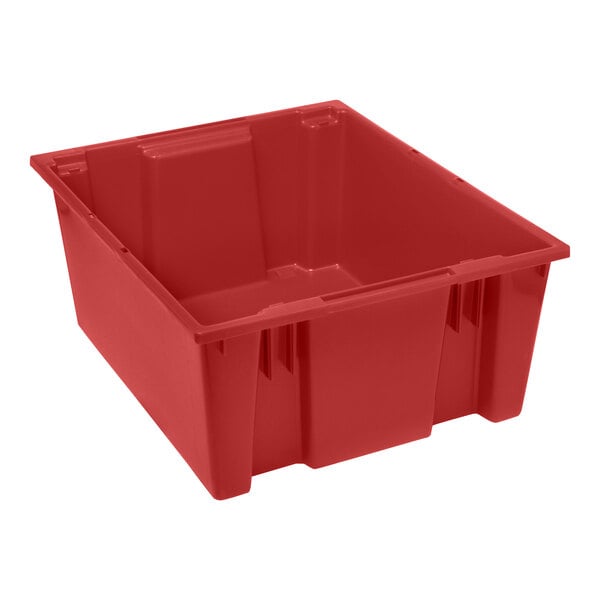 A Quantum red plastic stack and nest tote.