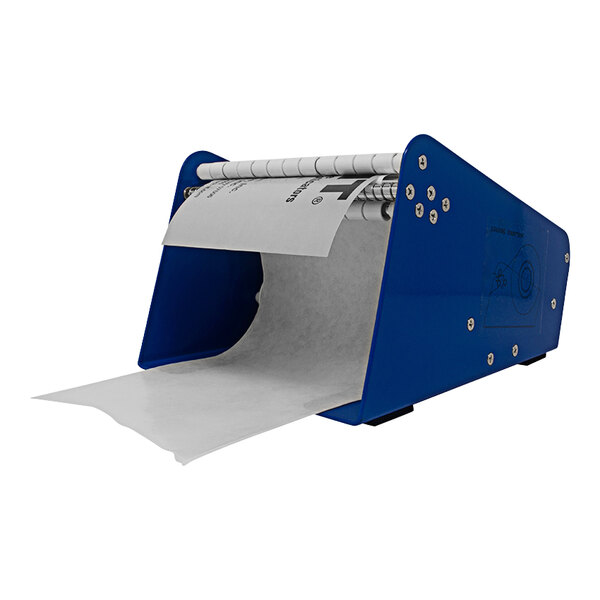 A blue and white Tach-It label dispenser box with a piece of paper inside.