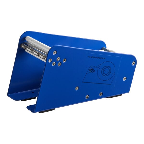 A blue mechanical tabletop label dispenser designed for labels with a maximum liner width of 4 1/2 inches.