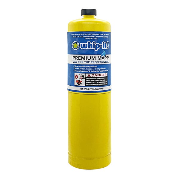 A yellow Whip-It cylinder with a blue label.