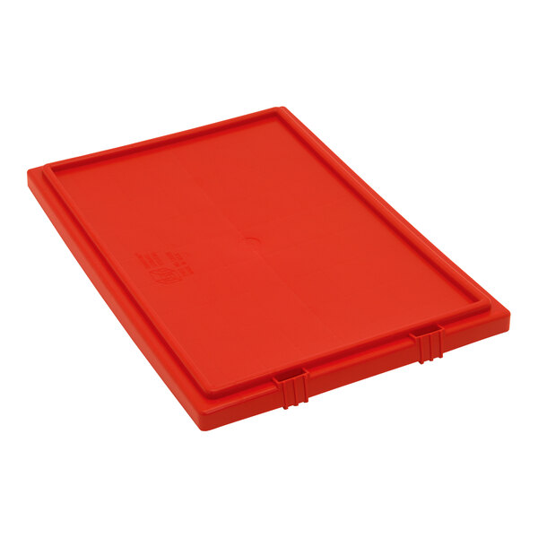 A red plastic lid for Quantum stack and nest totes.