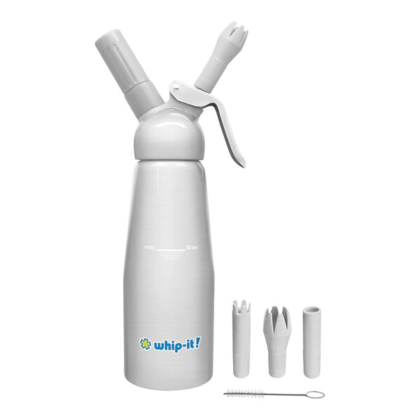 A close-up of a white Whip-It cream whipper.