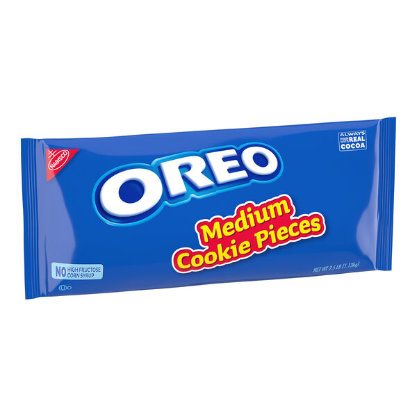 A blue package labeled 'OREO Medium Cookie Pieces' with white and yellow text.
