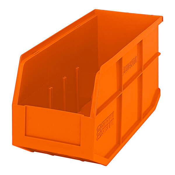 An orange plastic Quantum stackable shelf bin with two compartments.