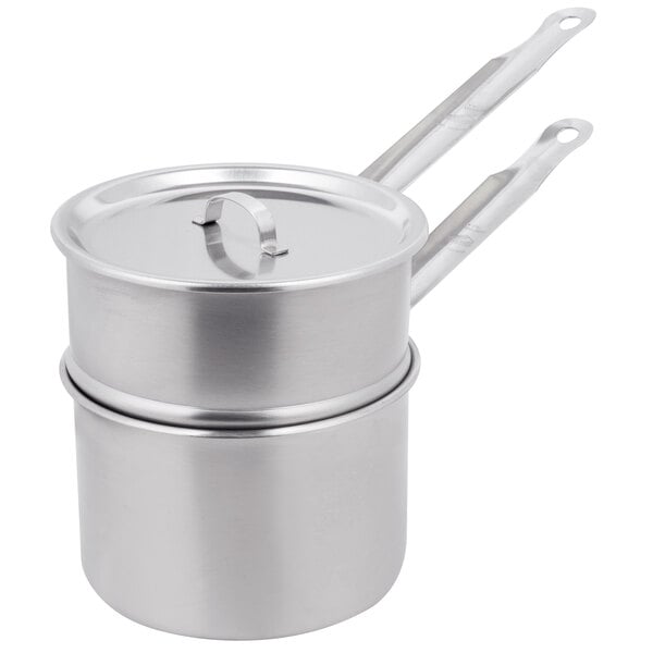 A Vollrath stainless steel double boiler pot with a handle and lid.