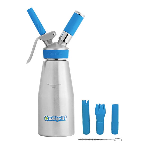 A silver stainless steel Whip-It cream whipper with blue accents.