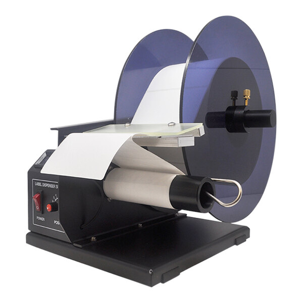A Tach-It SH-414D label dispenser machine with a roll of paper on it.