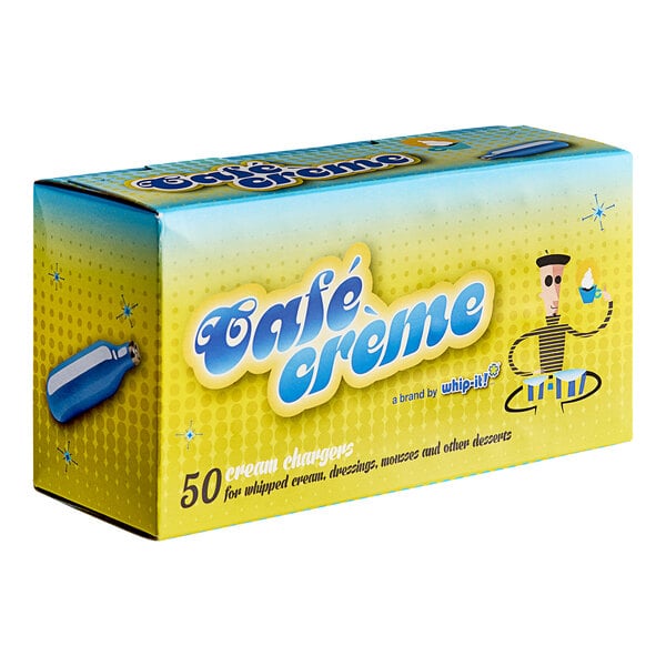A box of Whip-It Cafe Creme N20 chargers with a yellow label.