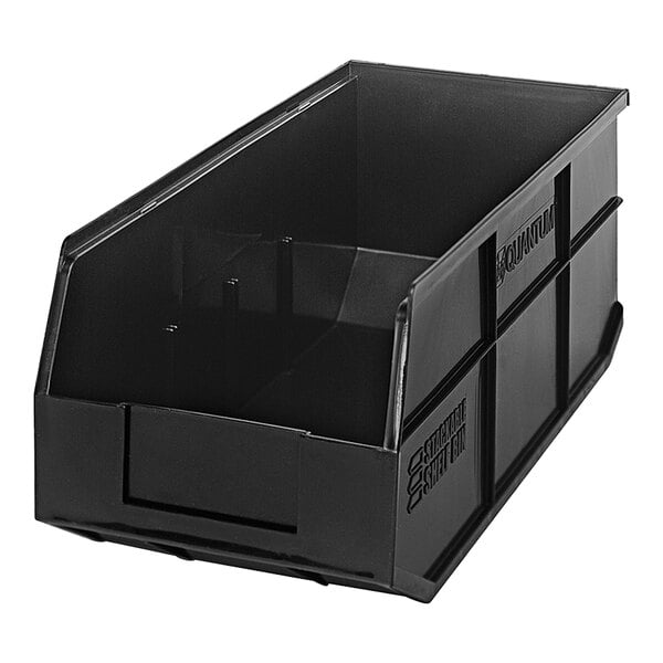 A black plastic Quantum stackable shelf bin with a lid.