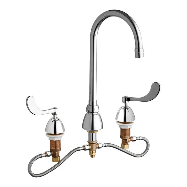 A Chicago Faucets deck-mounted faucet with two handles and a gooseneck spout.