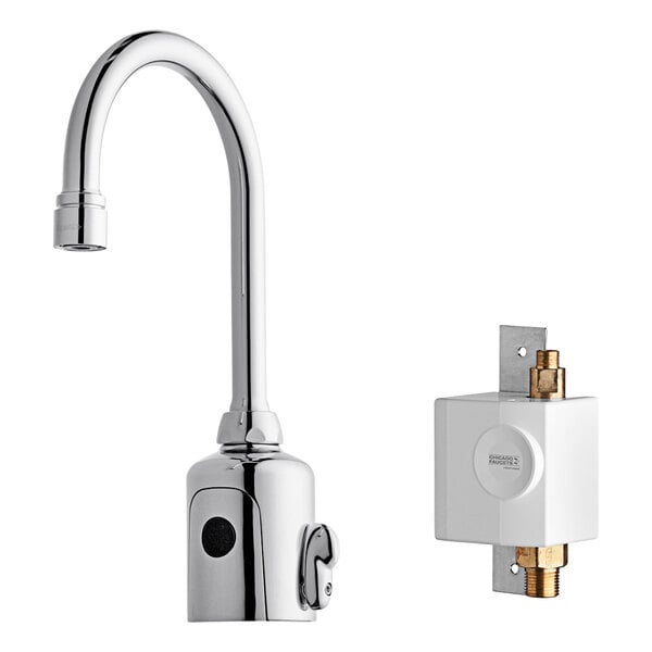 A Chicago Faucets touchless faucet with a gooseneck spout.