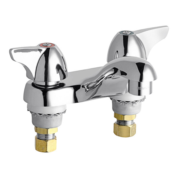 A Chicago Faucets deck-mounted faucet with 2 canopy handles.