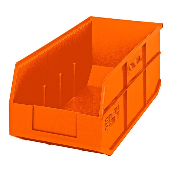 An orange Quantum stackable shelf bin with two compartments.