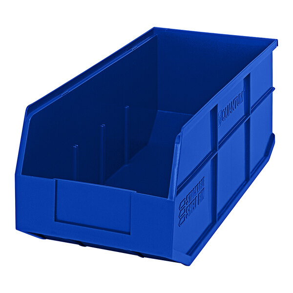 A blue Quantum stackable shelf bin.