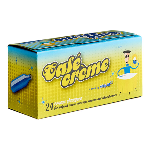 A box of 24 Whip-It Cafe Creme N20 chargers.