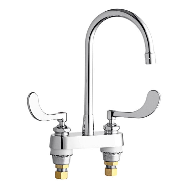 A Chicago Faucets deck-mounted faucet with two handles.