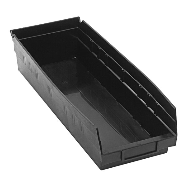 A black Quantum conductive shelf bin with two compartments.