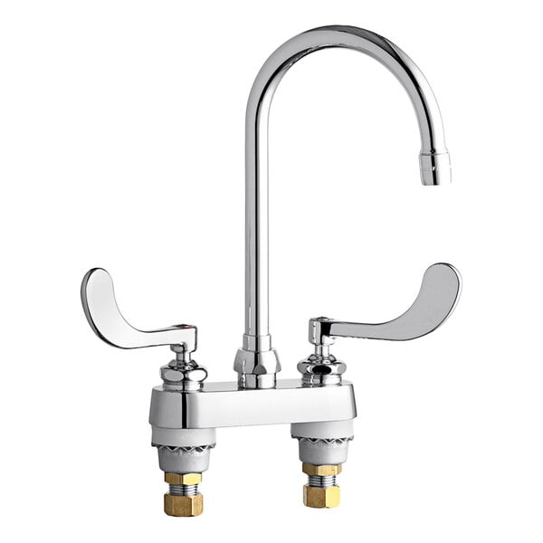 A chrome Chicago Faucets deck-mounted faucet with two handles.