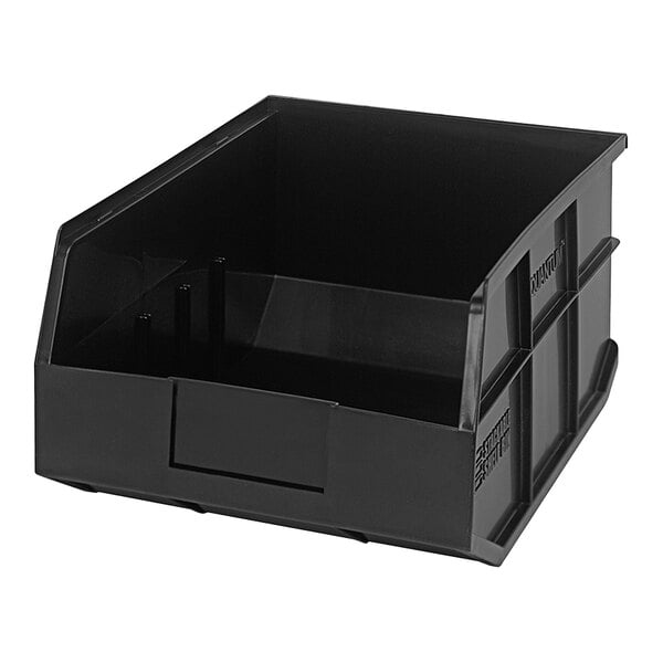 A black plastic Quantum stackable shelf bin with a lid.