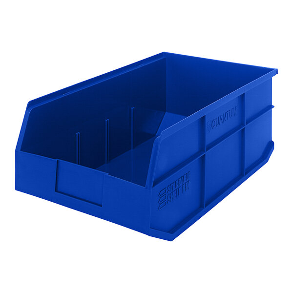 A Quantum blue plastic bin with a clear lid.