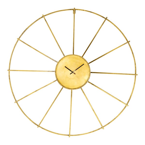 An antique brass wall clock with a circular frame and a yellow face.