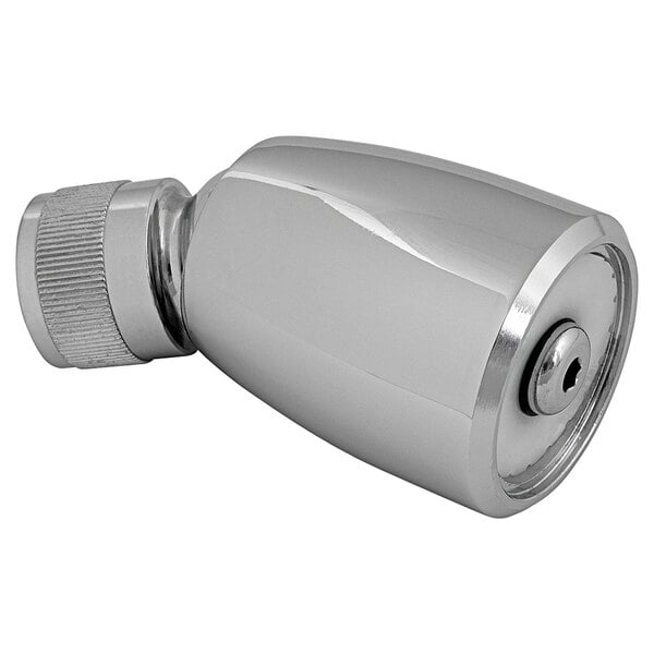 A chrome Chicago Faucets showerhead with a swivel ball joint.