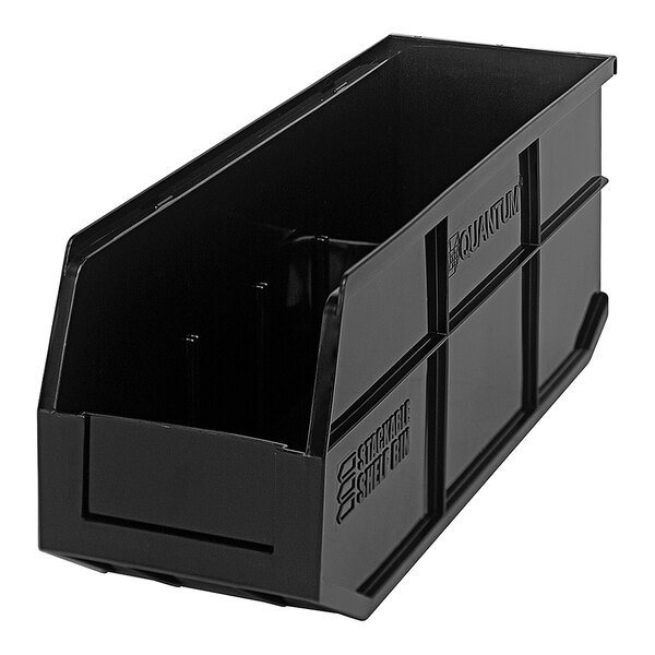 A black Quantum stackable shelf bin with two compartments.