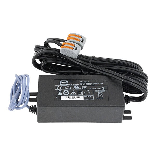 A black Chicago Faucets hard-wire transformer with wires.
