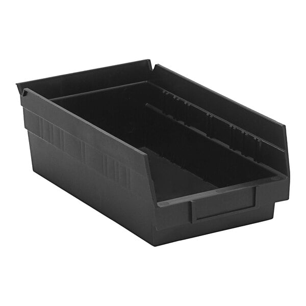 A black plastic Quantum shelf bin with a lid.