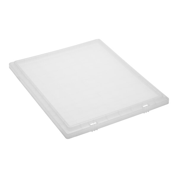 A clear plastic lid on a Quantum clear stack and nest tote.