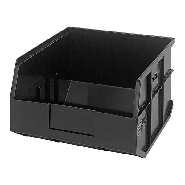 A Quantum black plastic stackable shelf bin.