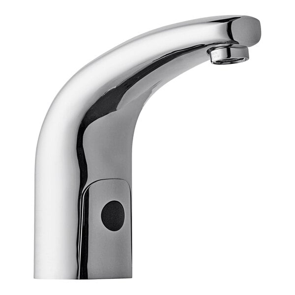 A Chicago Faucets touchless faucet with a black handle and traditional spout.