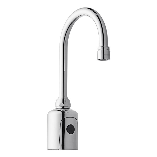 A Chicago Faucets touchless faucet with a black button and gooseneck spout.