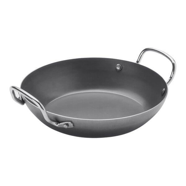 An American Metalcraft black carbon steel paella pan with handles.