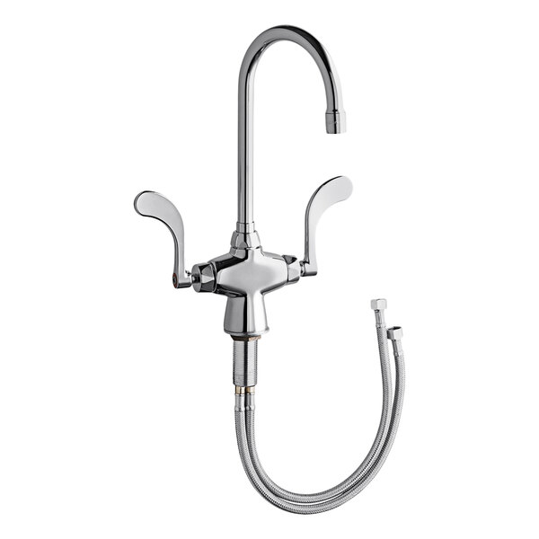 A Chicago Faucets deck-mounted faucet with a silver gooseneck hose.