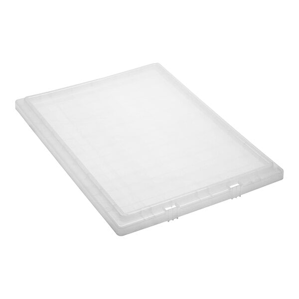 A clear plastic lid on a Quantum clear stack and nest tote.