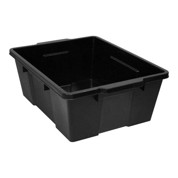 A black plastic Quantum storage bin with handles and a square top.