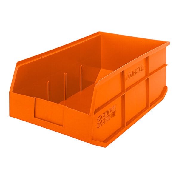 An orange plastic Quantum stackable shelf bin.
